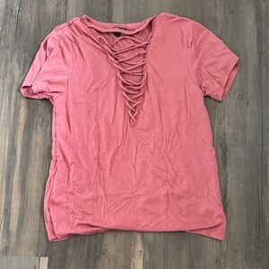 Express Lace-Up V-Neck Short Sleeve Top - coral